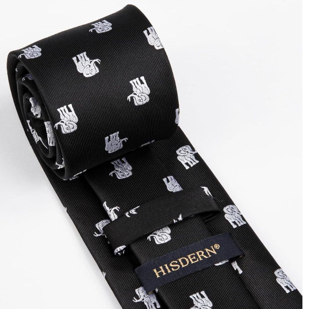 Hisdern Black White Elephant Cute Print Pattern Tie Set
