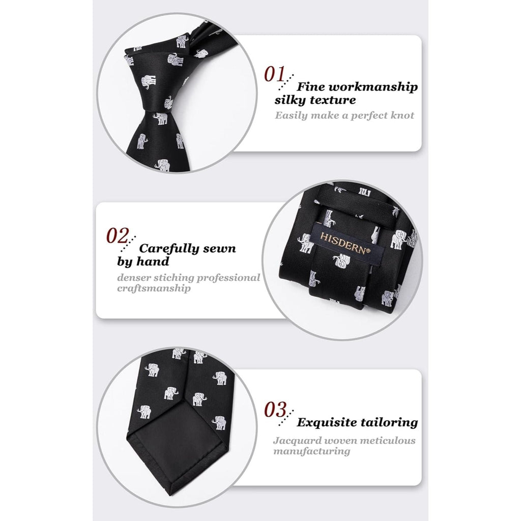 Hisdern Black White Elephant Cute Print Pattern Tie Set