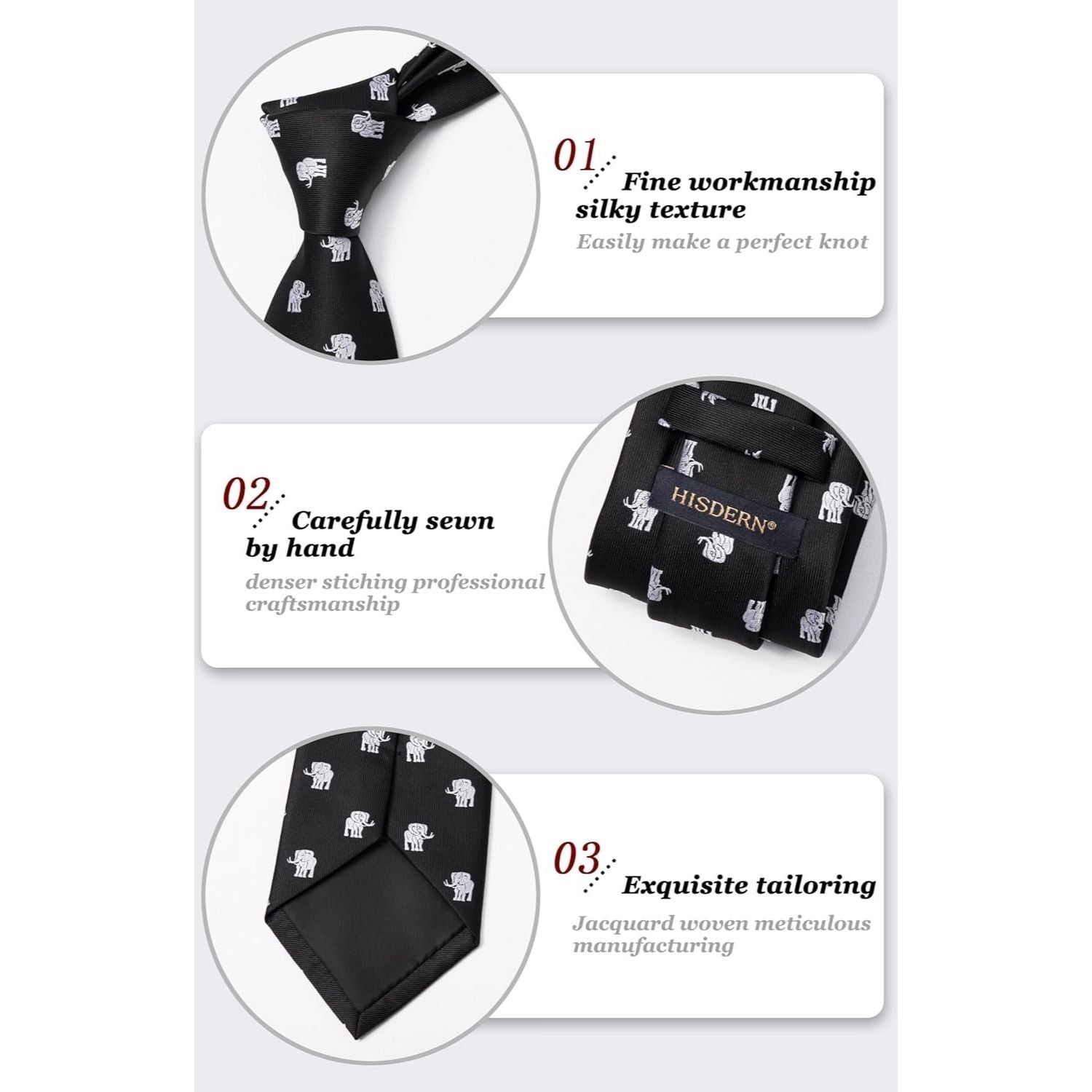 Hisdern Black White Elephant Cute Print Pattern Tie Set