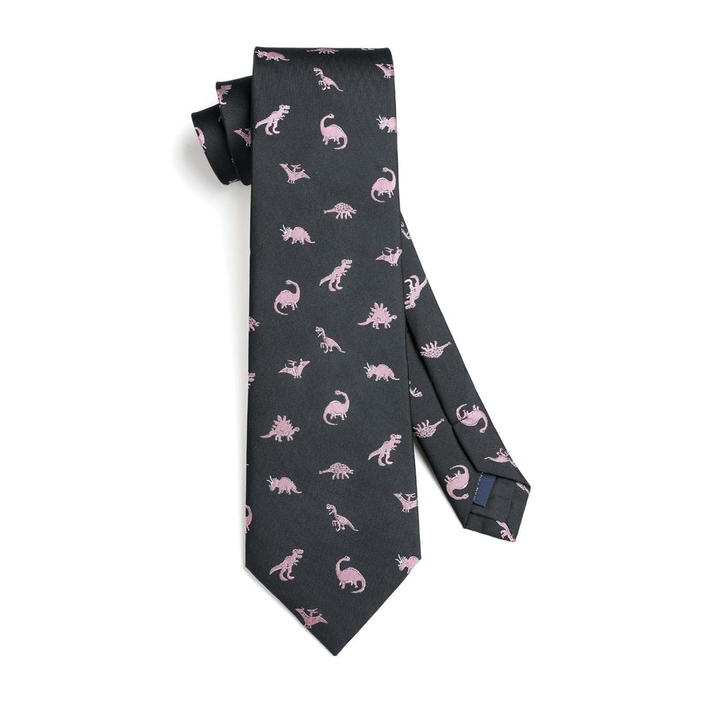 Hisdern Black Pink Dinosaur Cute Pattern Tie Set