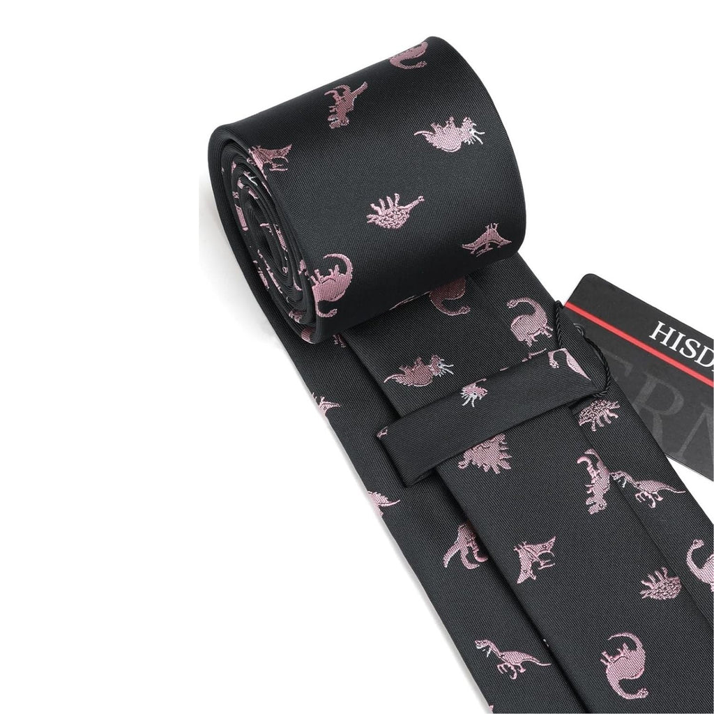 Hisdern Black Pink Dinosaur Cute Pattern Tie Set