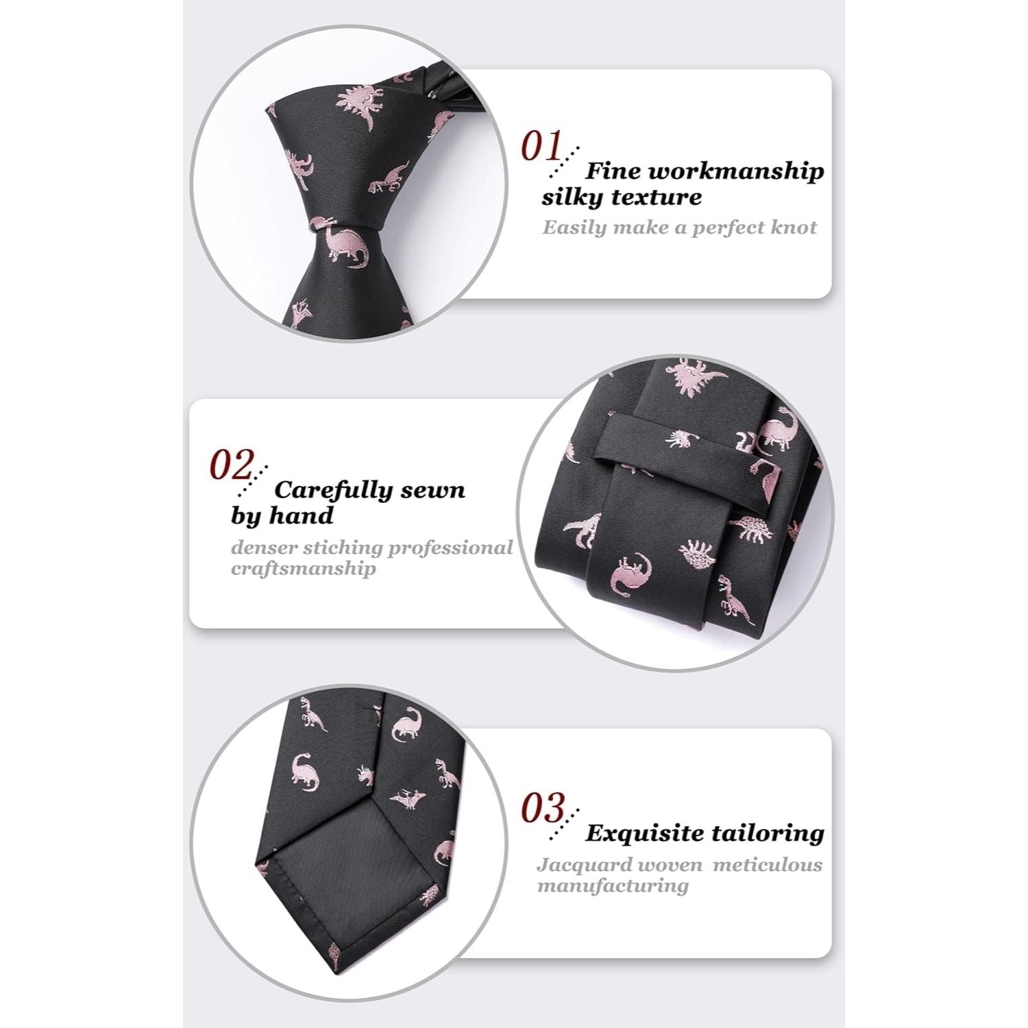 Hisdern Black Pink Dinosaur Cute Pattern Tie Set