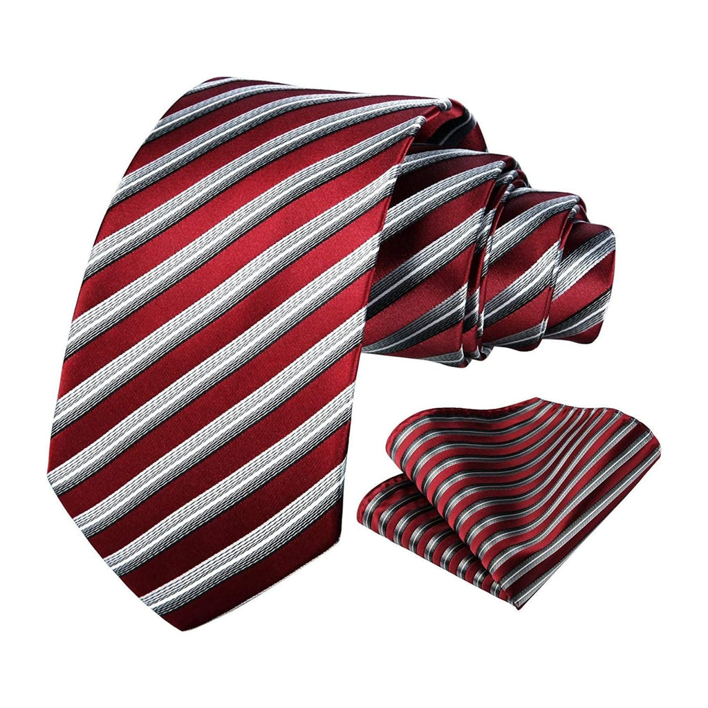 Stripe Tie Handkerchief Set - RED/SILVER
