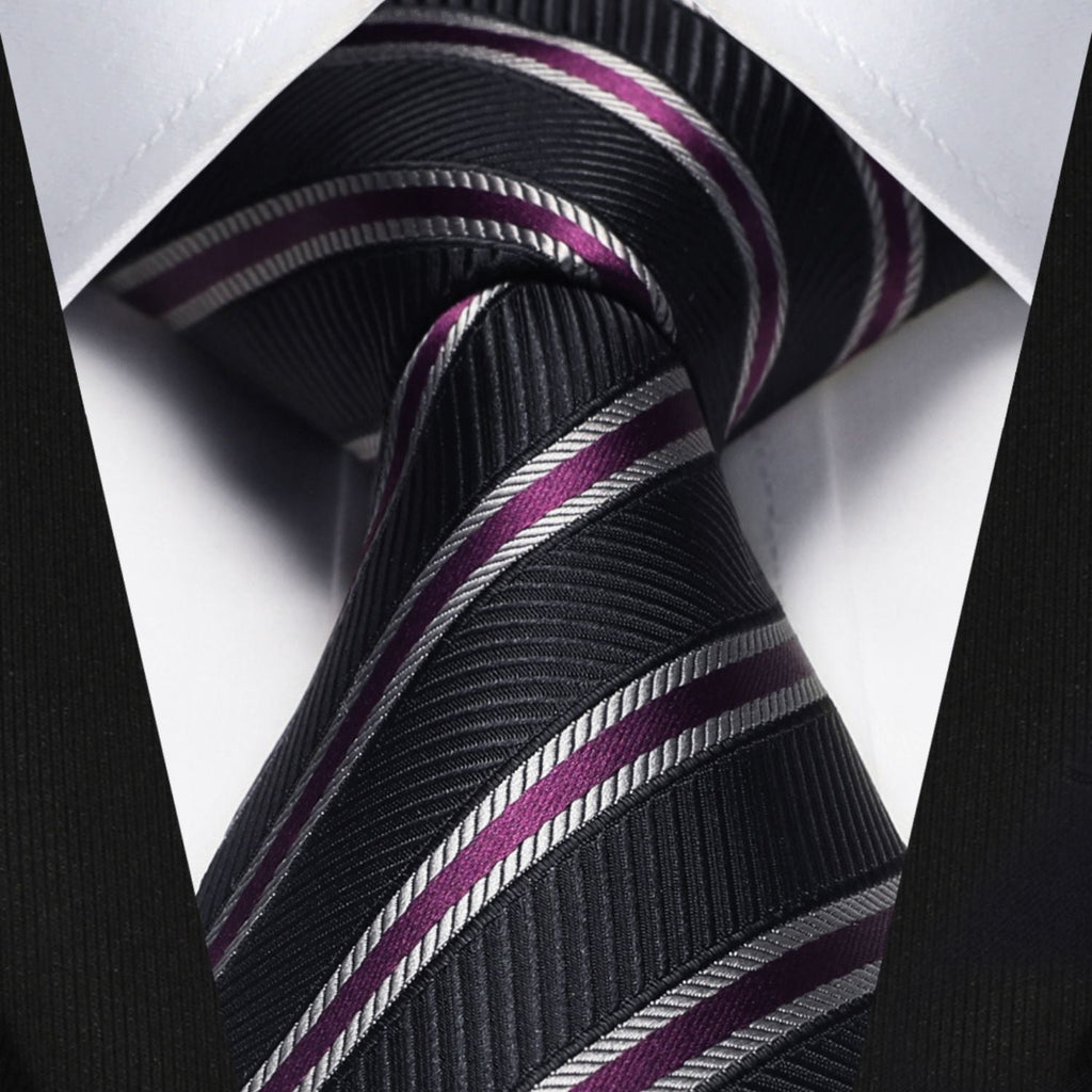 Hisdern Purple Black Striped Business Tie Set