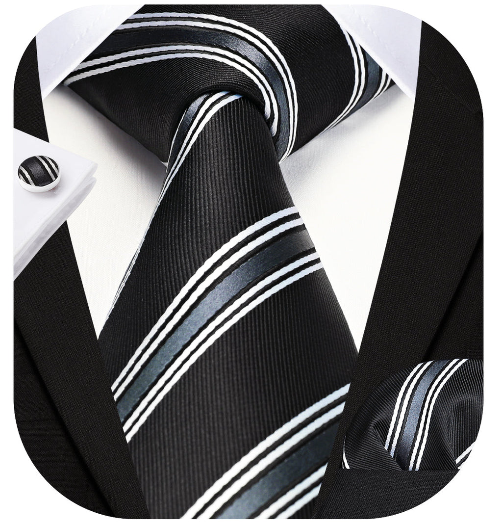 Hisdern Black Striped Wedding Accessories Set with Cufflinks