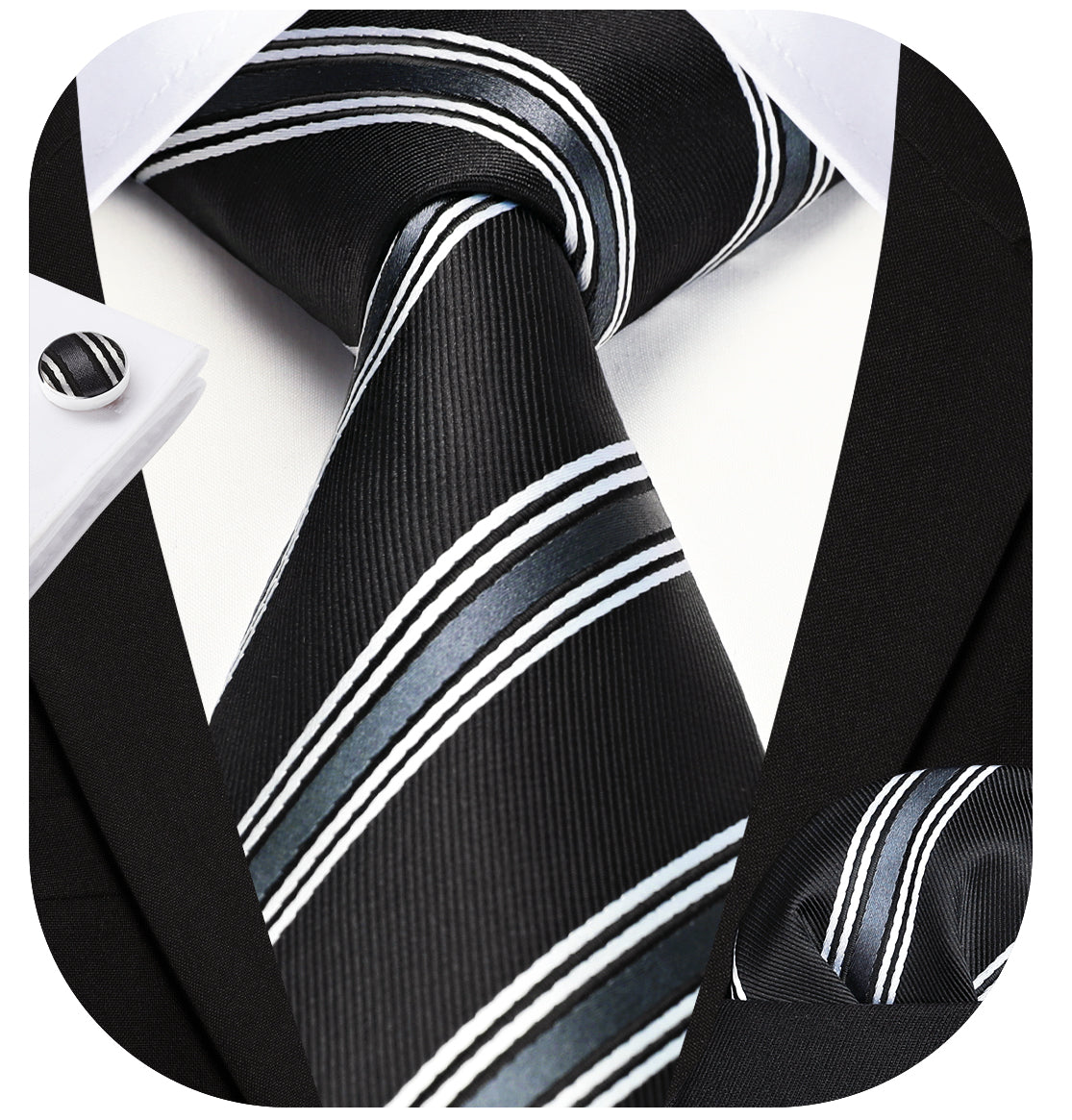 Hisdern Black Striped Wedding Accessories Set with Cufflinks