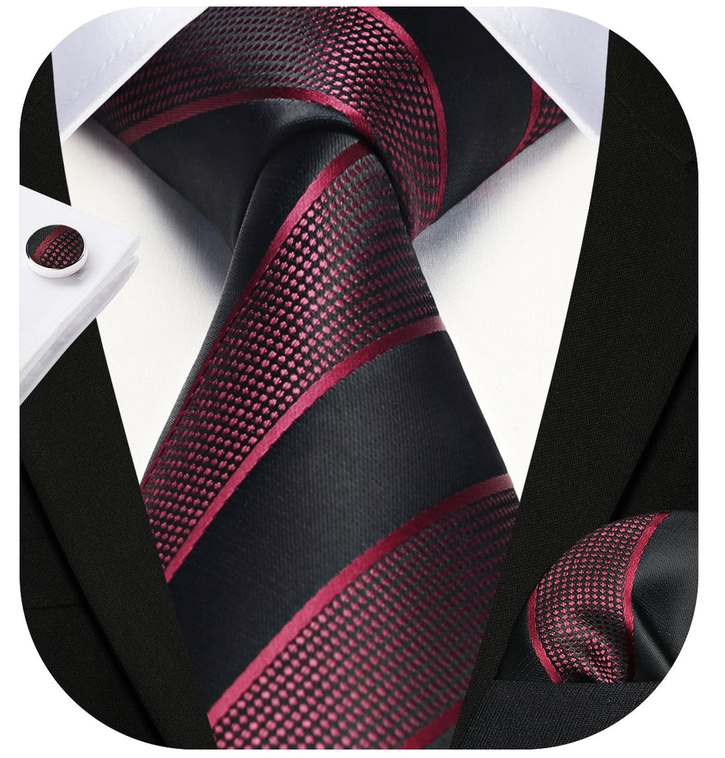 Hisdern Red Black Striped Wedding Accessories Set with Cufflinks