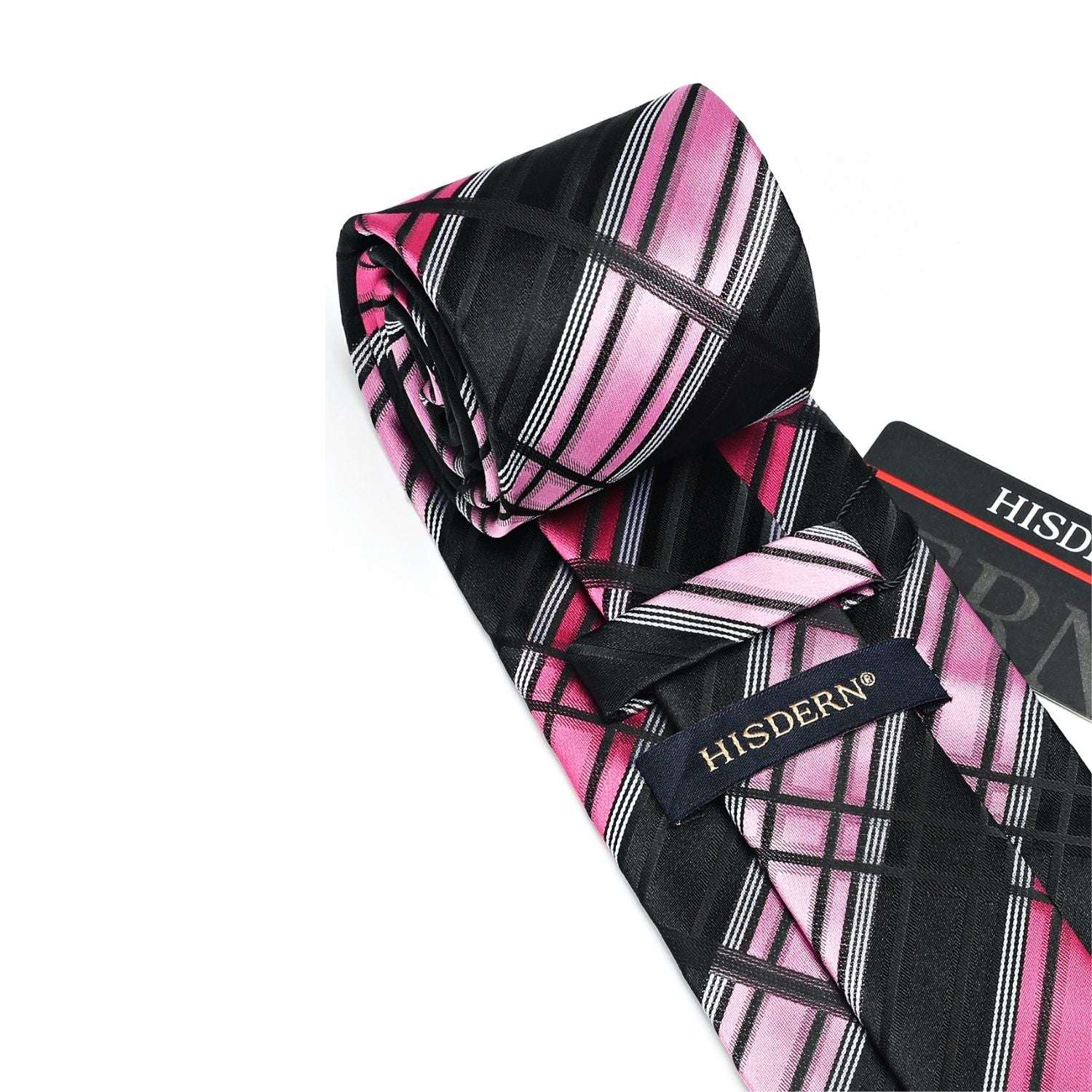 Hisdern Black Pink Plaid Tie Set For Groomsmen