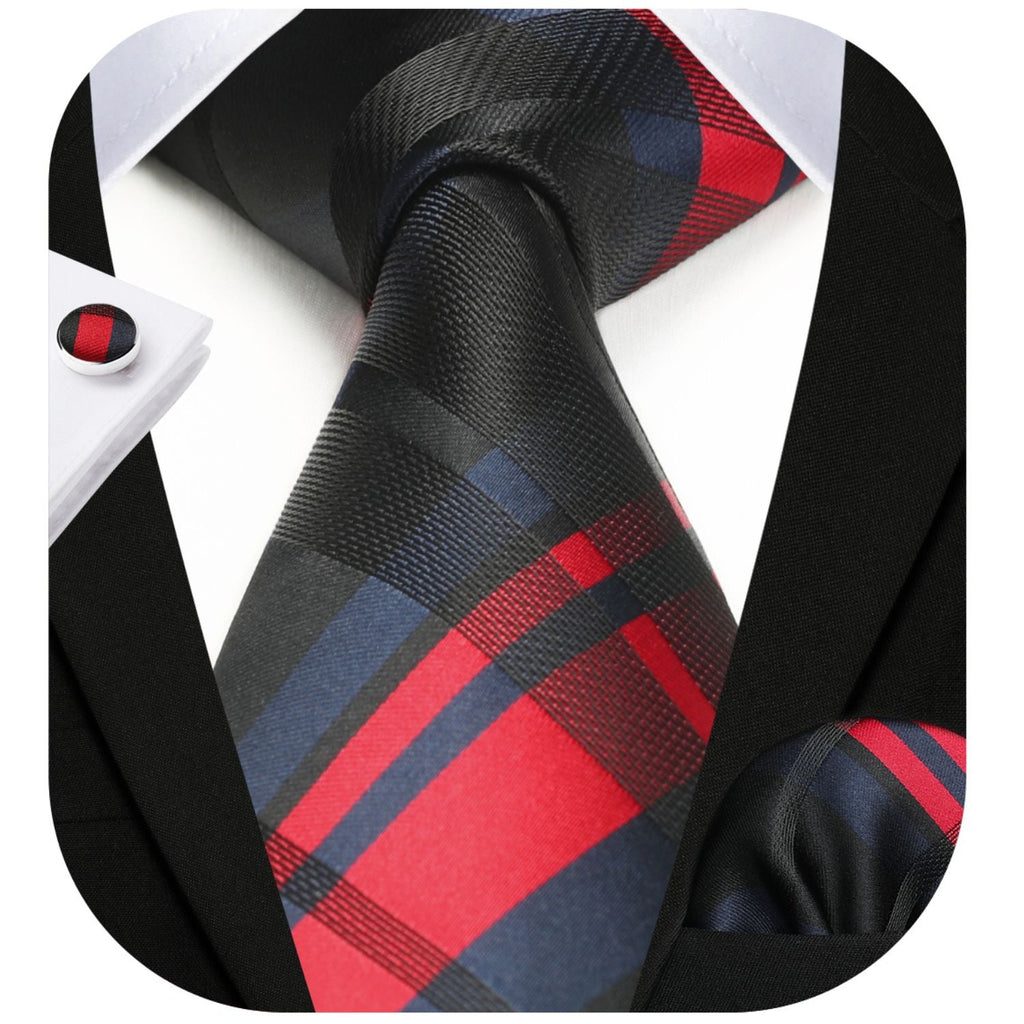 Hisdern Black Red Plaid Wedding Accessories Set with Cufflinks