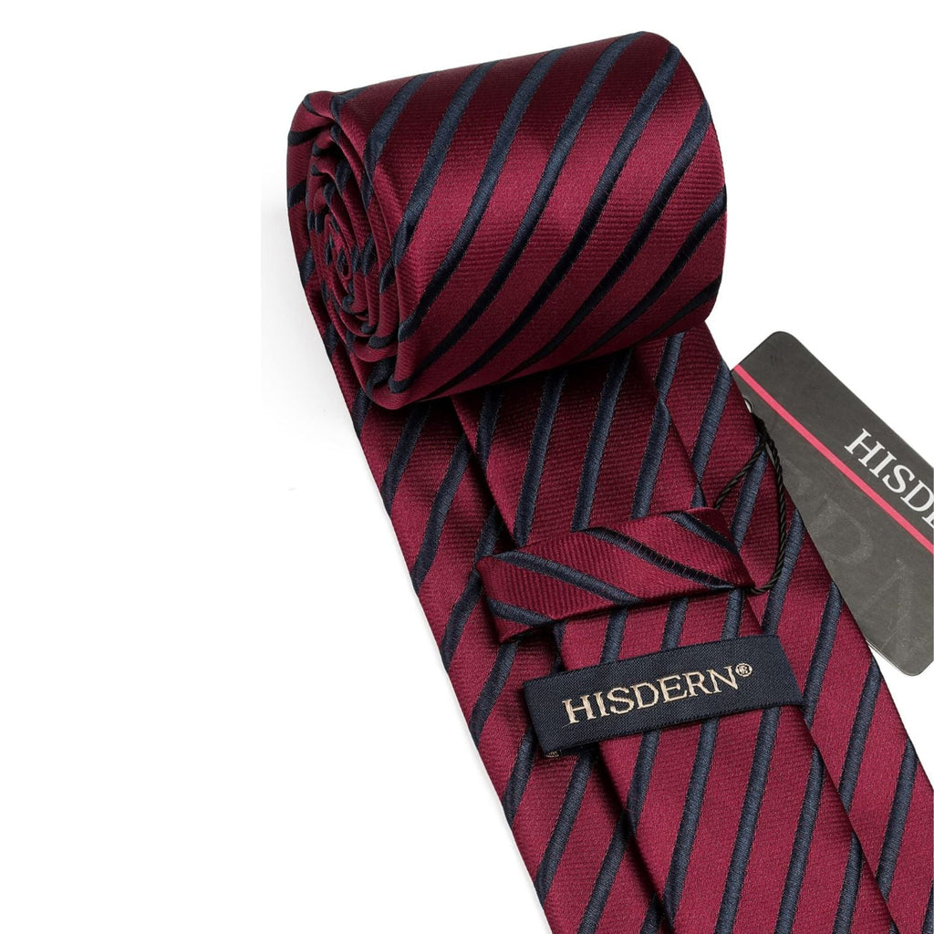 Hisdern Burgundy Black Striped Business Tie Set