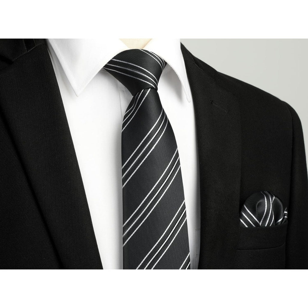 Hisdern Black White Striped Business Tie Set