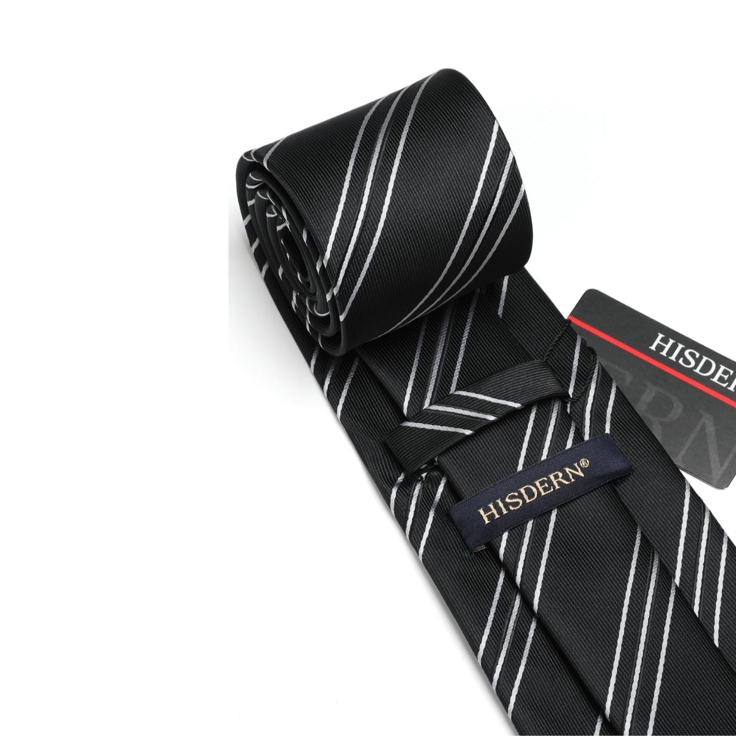 Hisdern Black White Striped Business Tie Set