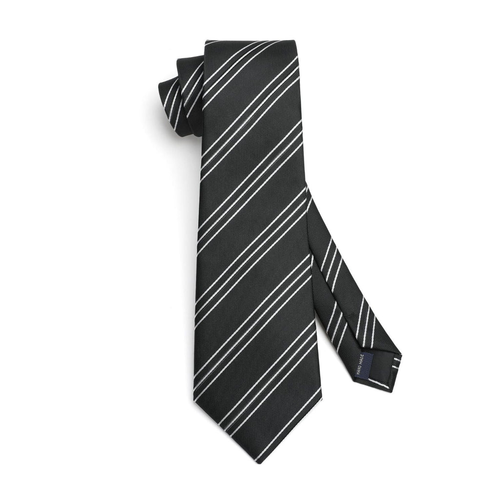 Hisdern Black White Striped Business Tie Set