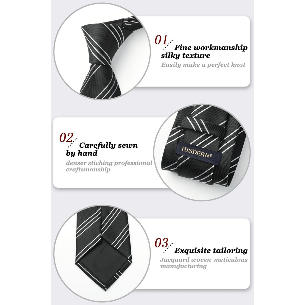 Hisdern Black White Striped Business Tie Set