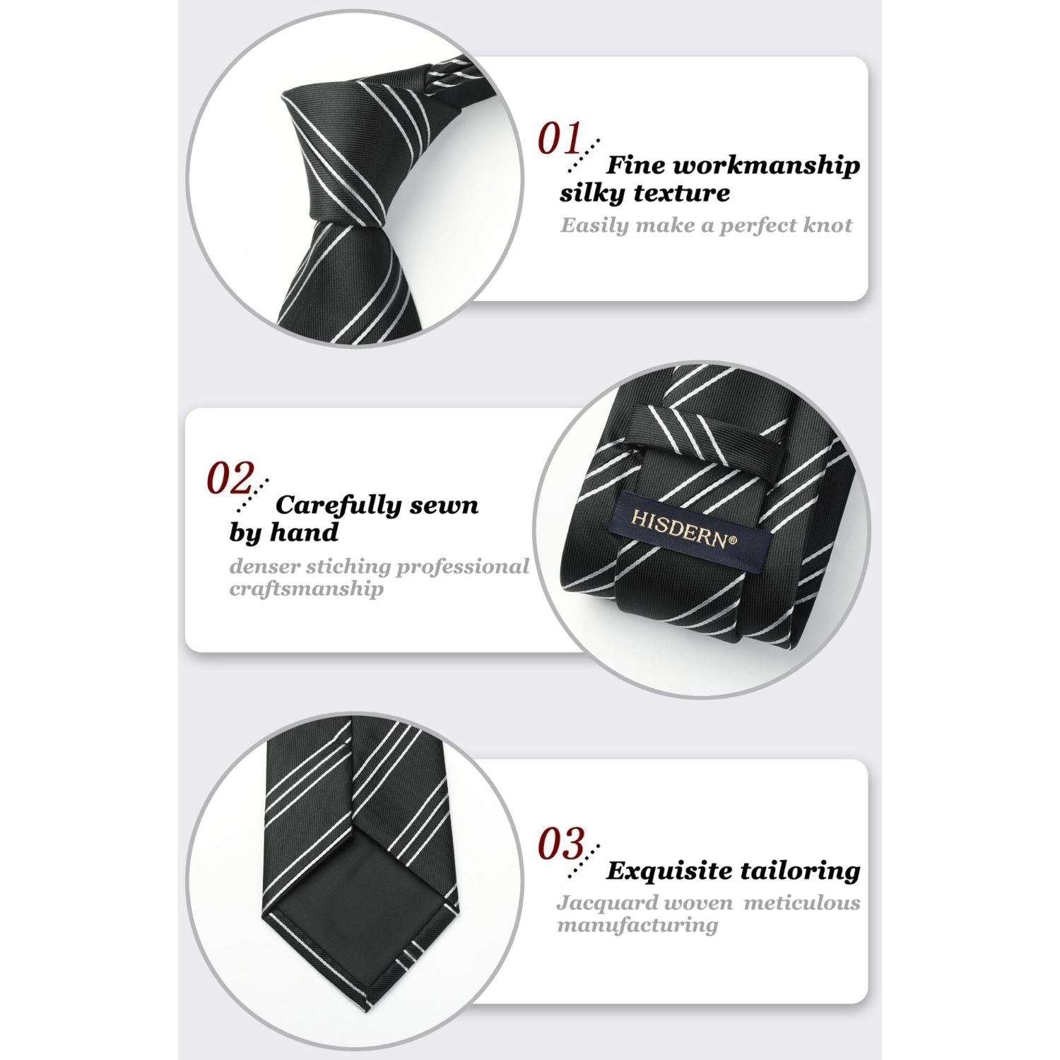 Hisdern Black White Striped Business Tie Set