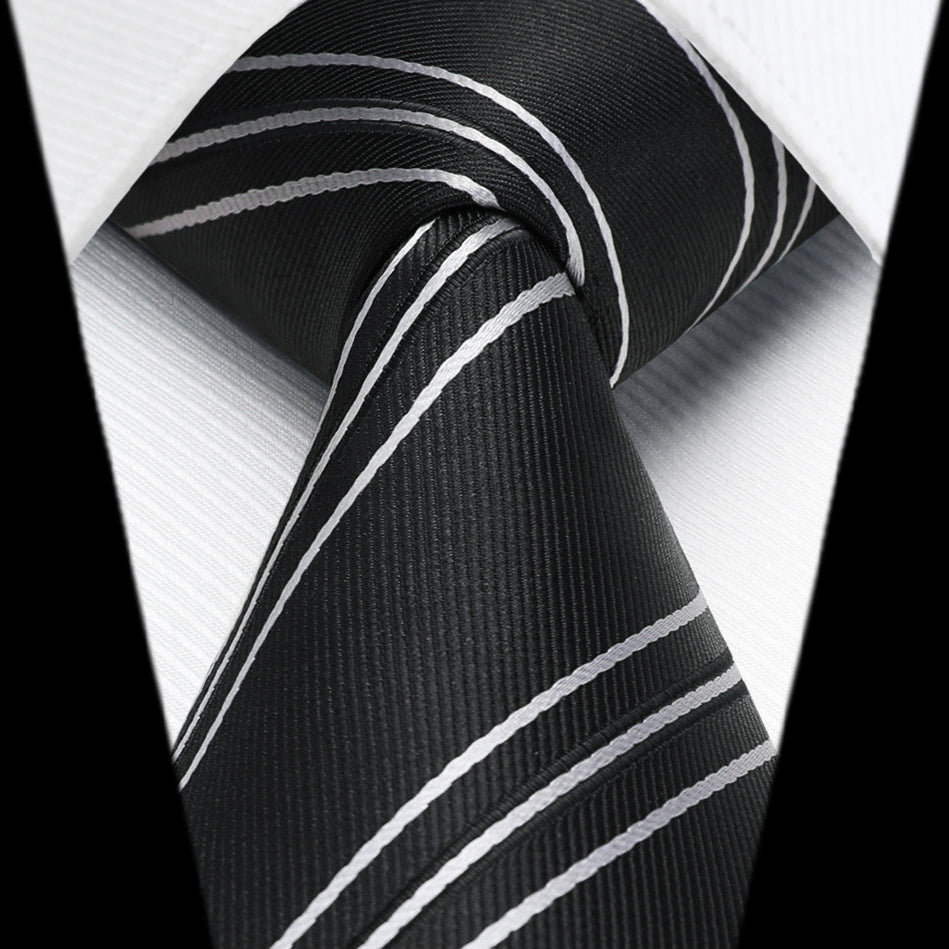 Hisdern Black White Striped Business Tie Set