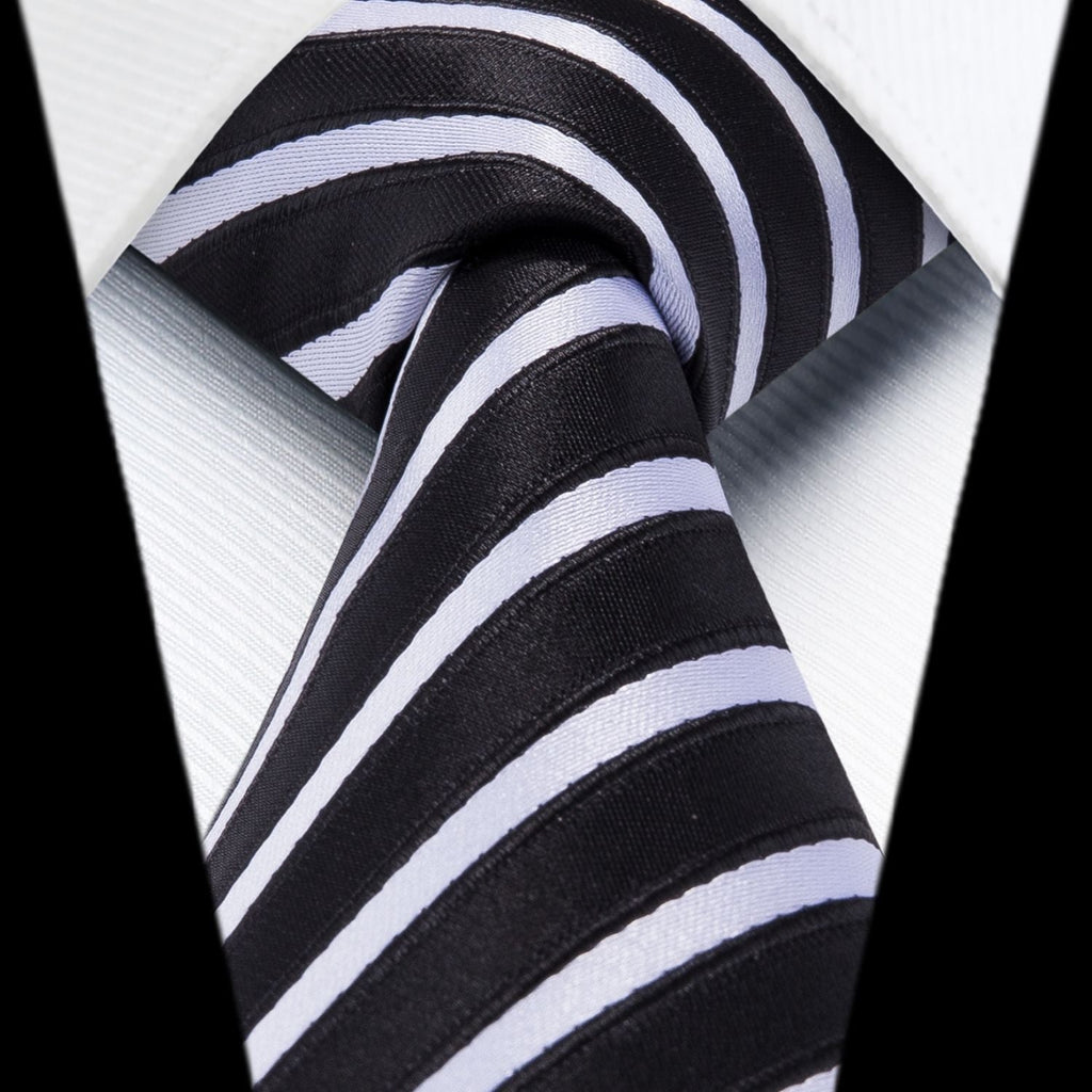 Hisdern Black White Striped Business Tie Set