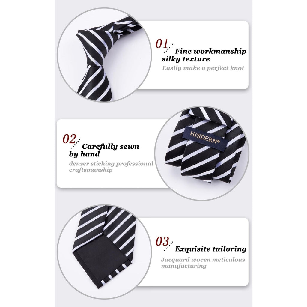 Hisdern Black White Striped Business Tie Set