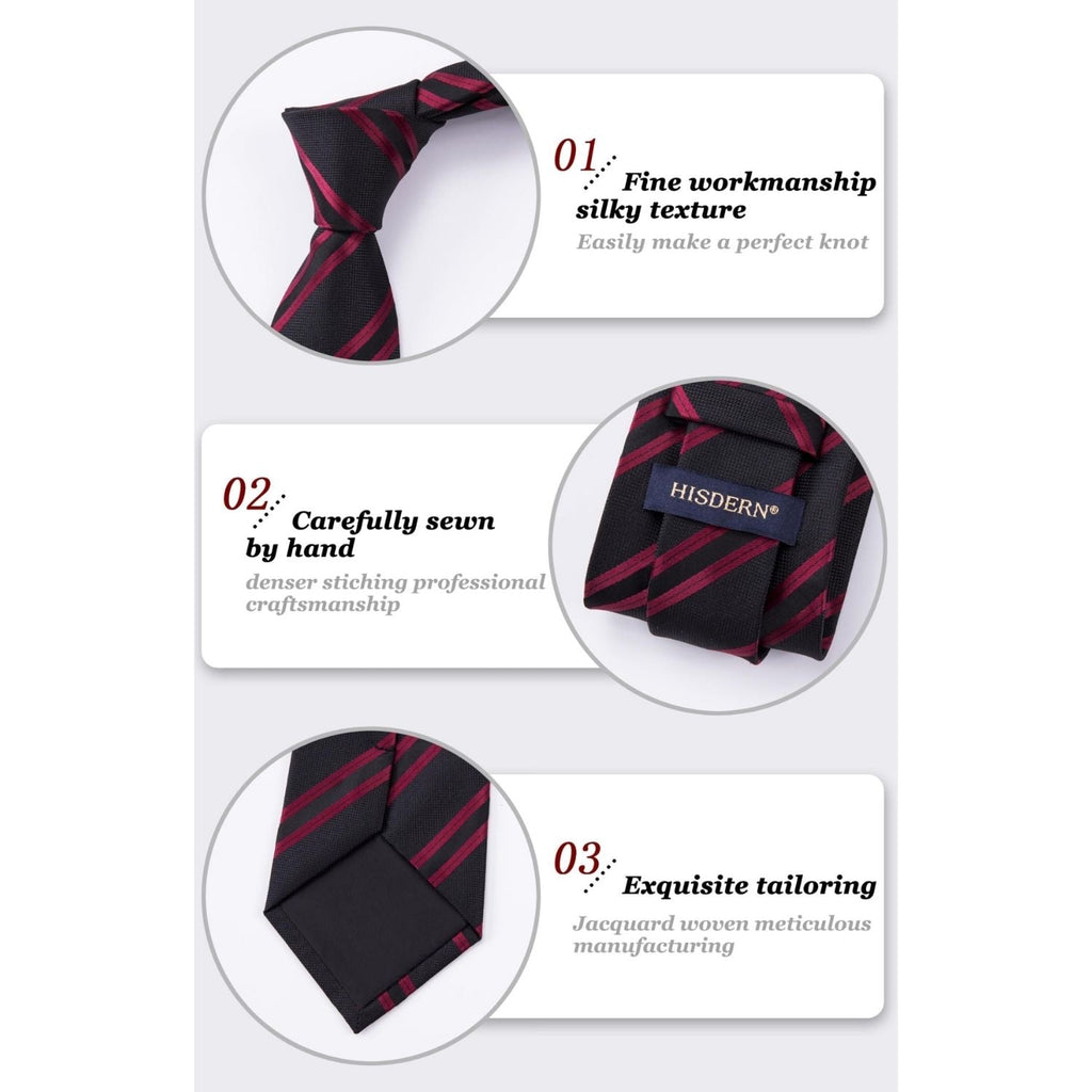 Hisdern Black Red Striped Business Tie Set