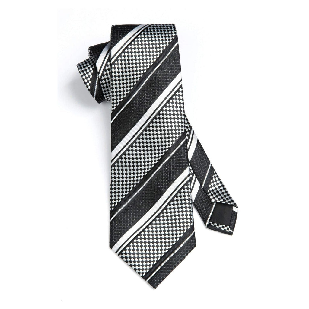Hisdern Black White Striped Business Tie Set