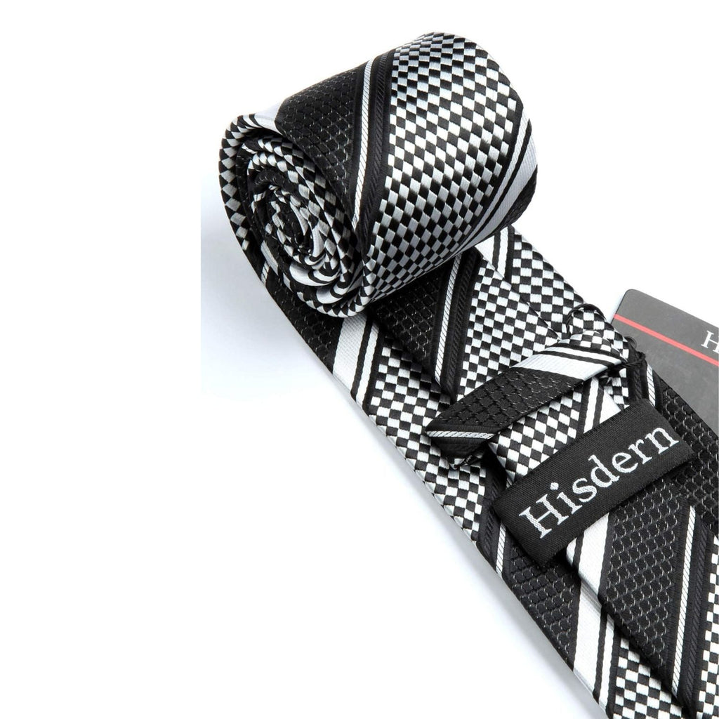 Hisdern Black White Striped Business Tie Set