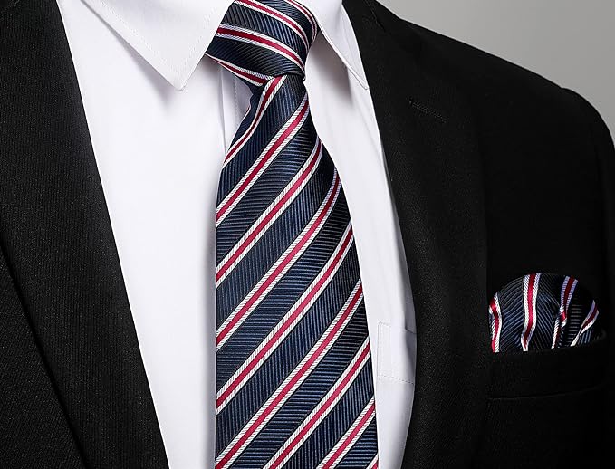 Hisdern Navy Red Striped Business Accessories Set with Cufflinks