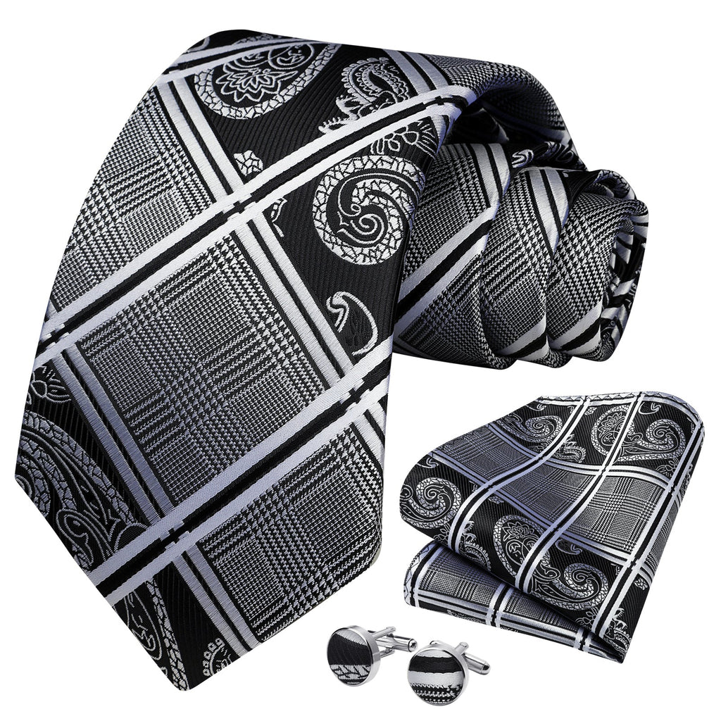Plaid Tie Handkerchief Set - A1 - BLACK