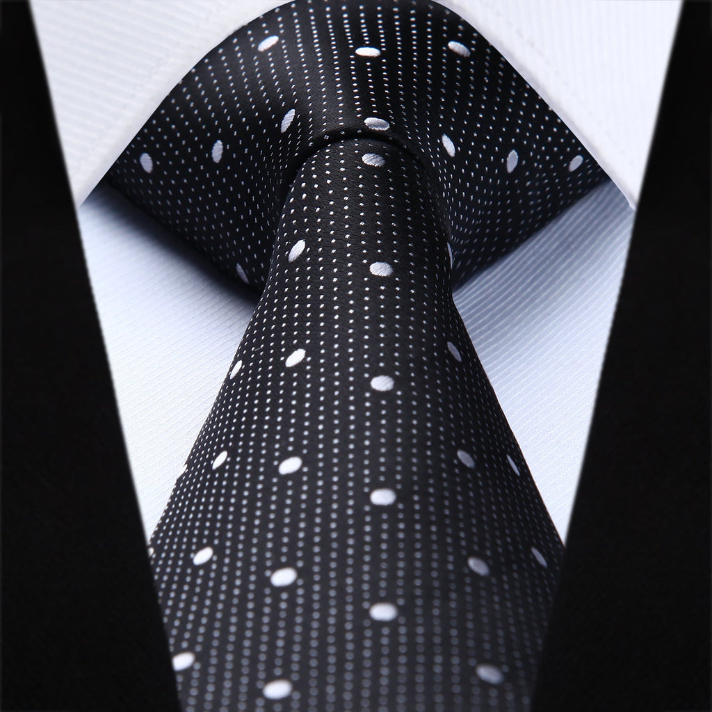 Hisdern Black White Polka Dot Print Tie Set For Formal Events