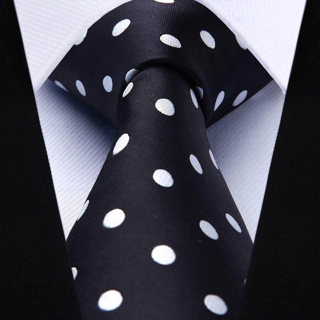 Hisdern Black White Polka Dot Tie Set For Groomsmen