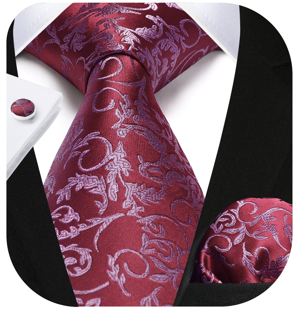 Hisdern Red Floral Wedding Tie Set with Cufflinks