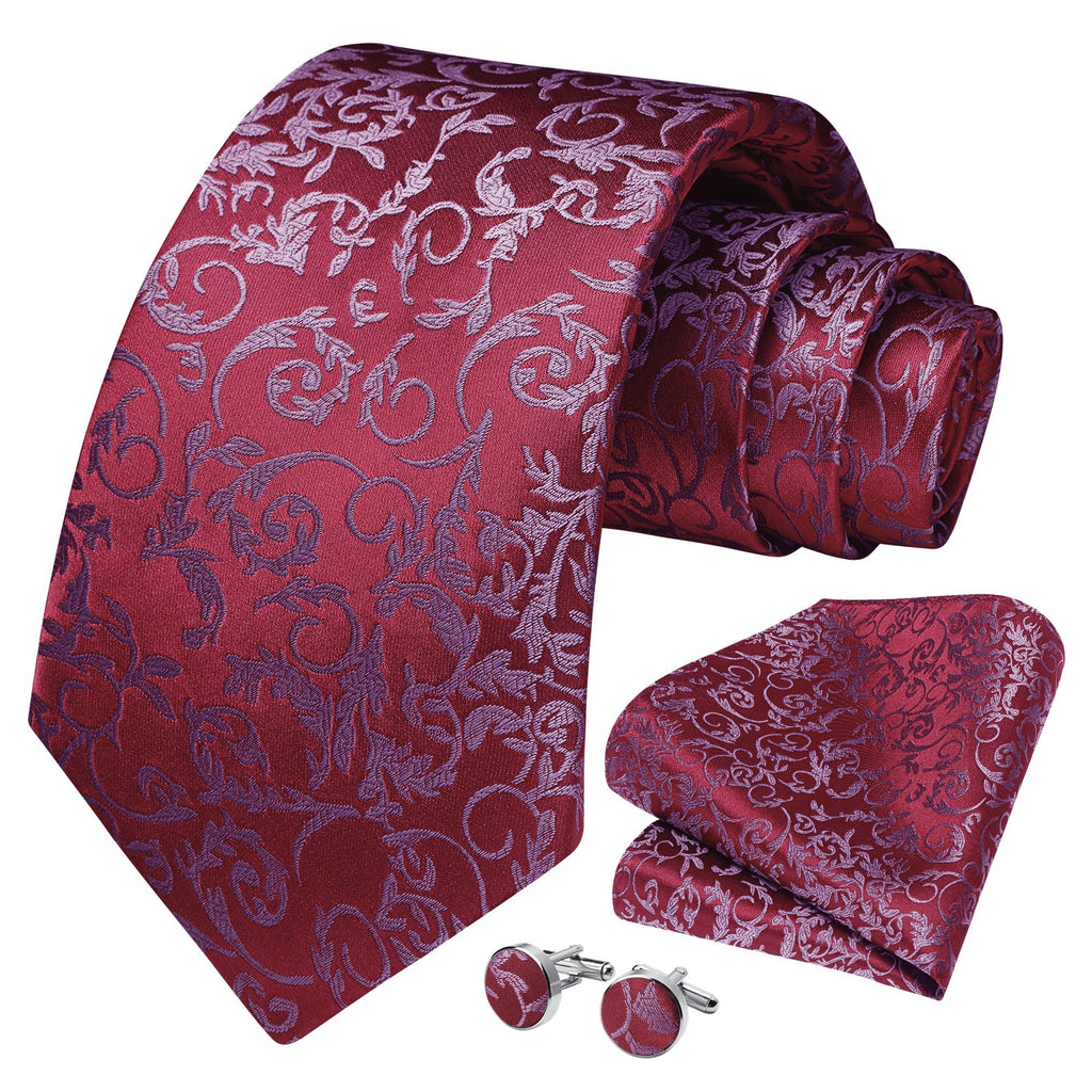 Floral Tie Handkerchief Cufflinks - RED