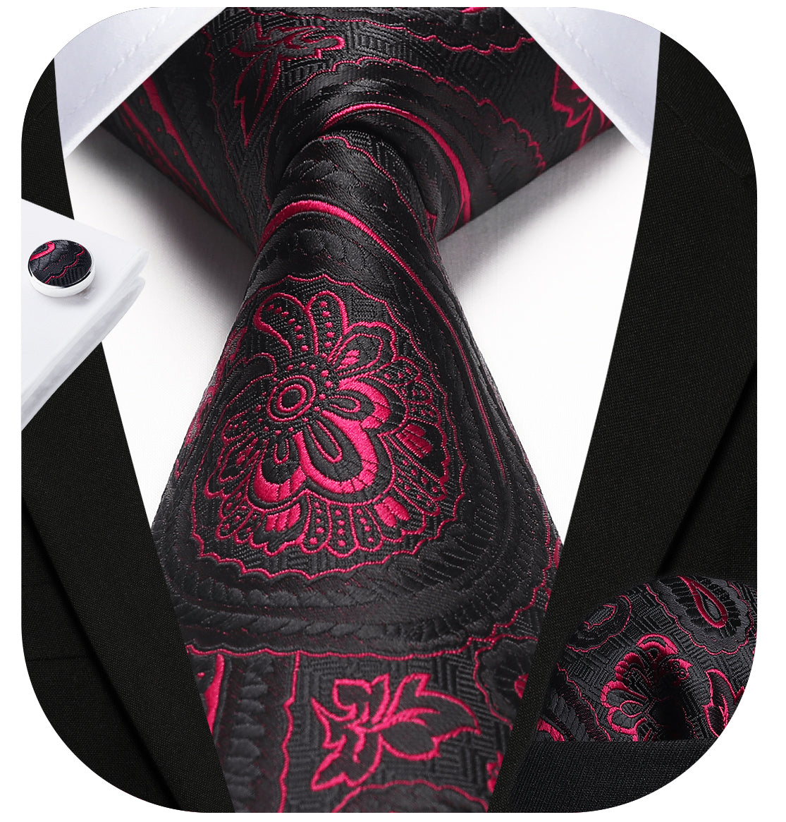 Hisdern Burgundy Floral Wedding Tie Set with Cufflinks