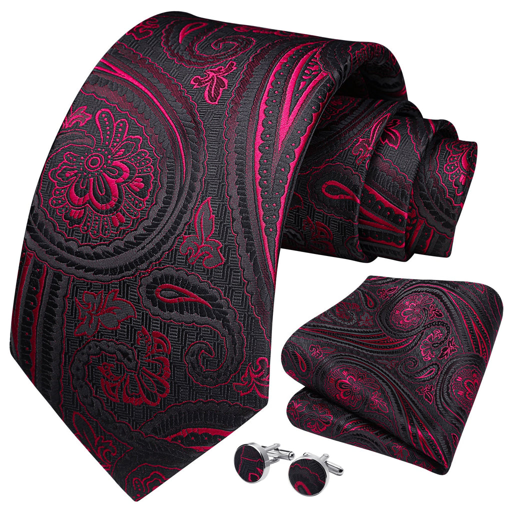 Paisley Tie Handkerchief Cufflinks -  BURGUNDY-2