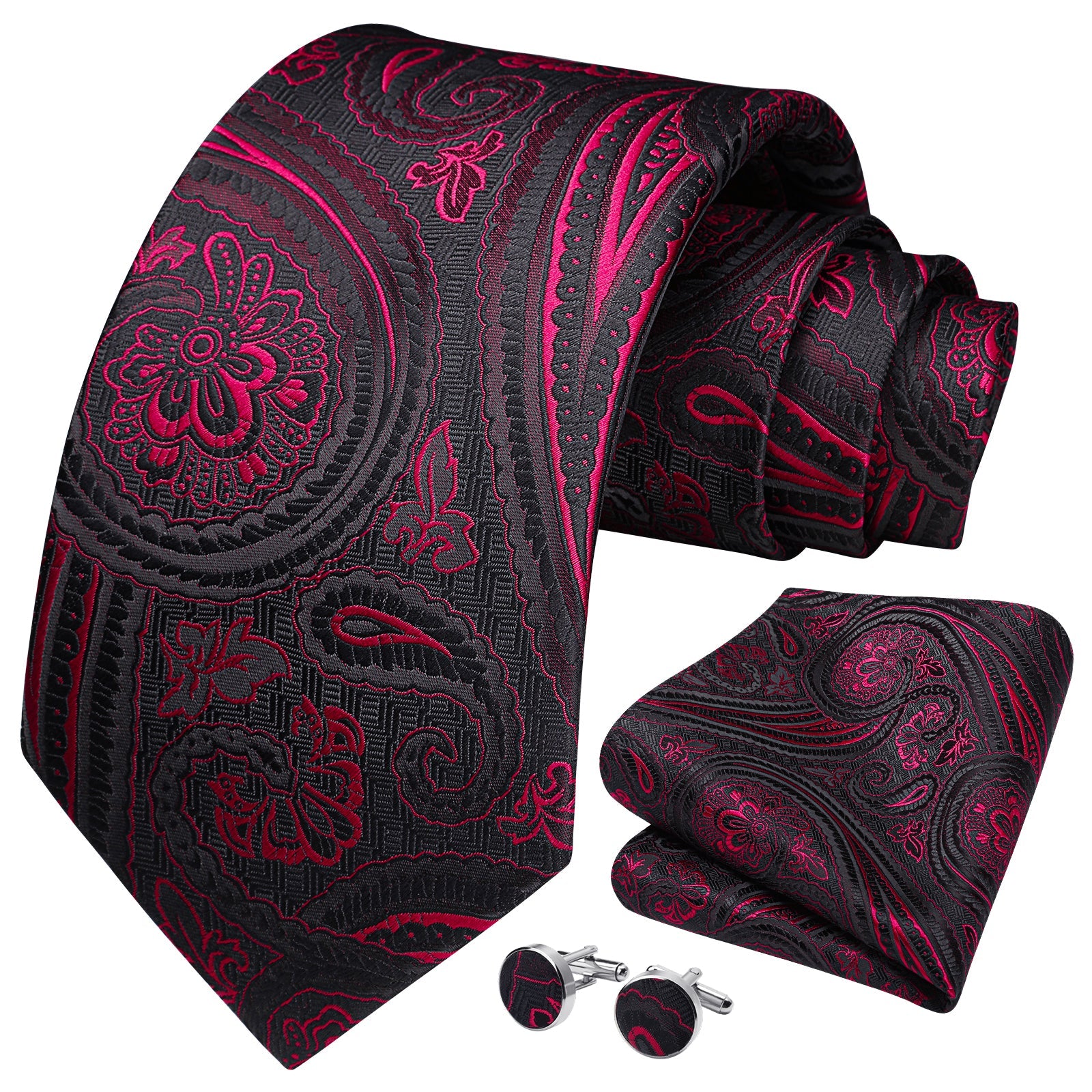 Paisley Tie Handkerchief Cufflinks -  BURGUNDY-2