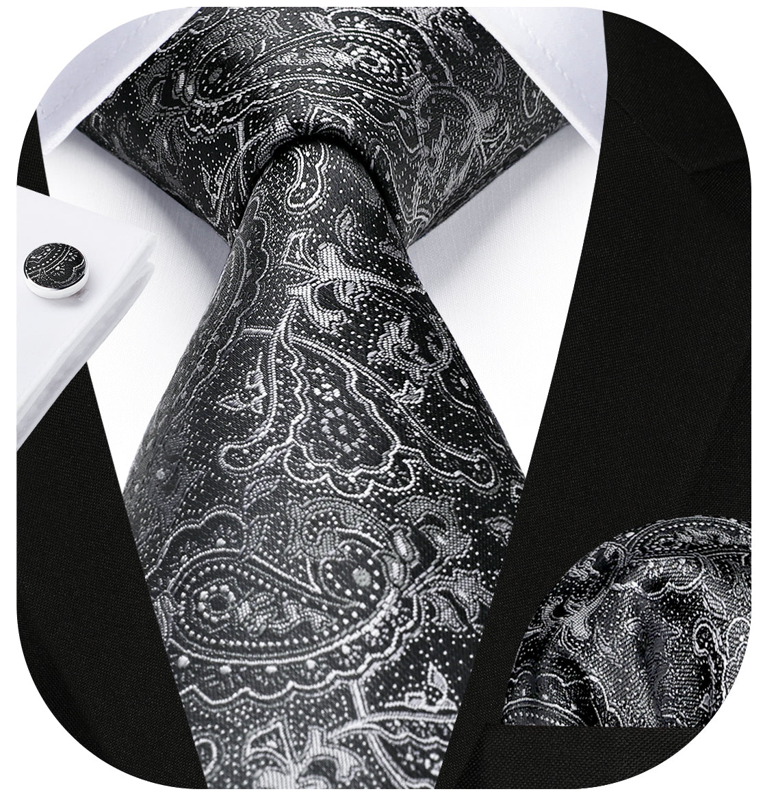 Hisdern Black Paisley Wedding Accessories Set with Cufflinks