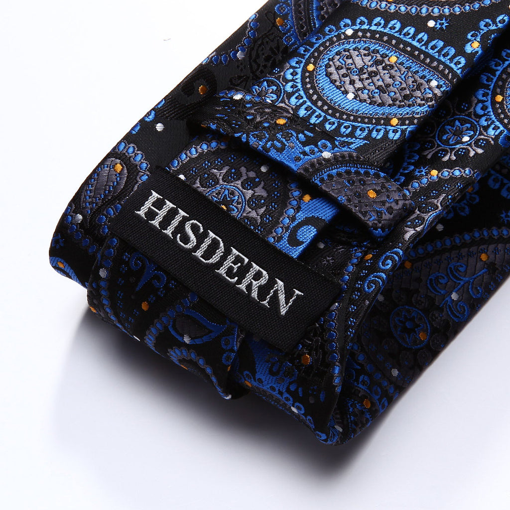 Hisdern Navy Blue Black Paisley Tie Set For Formal Wear