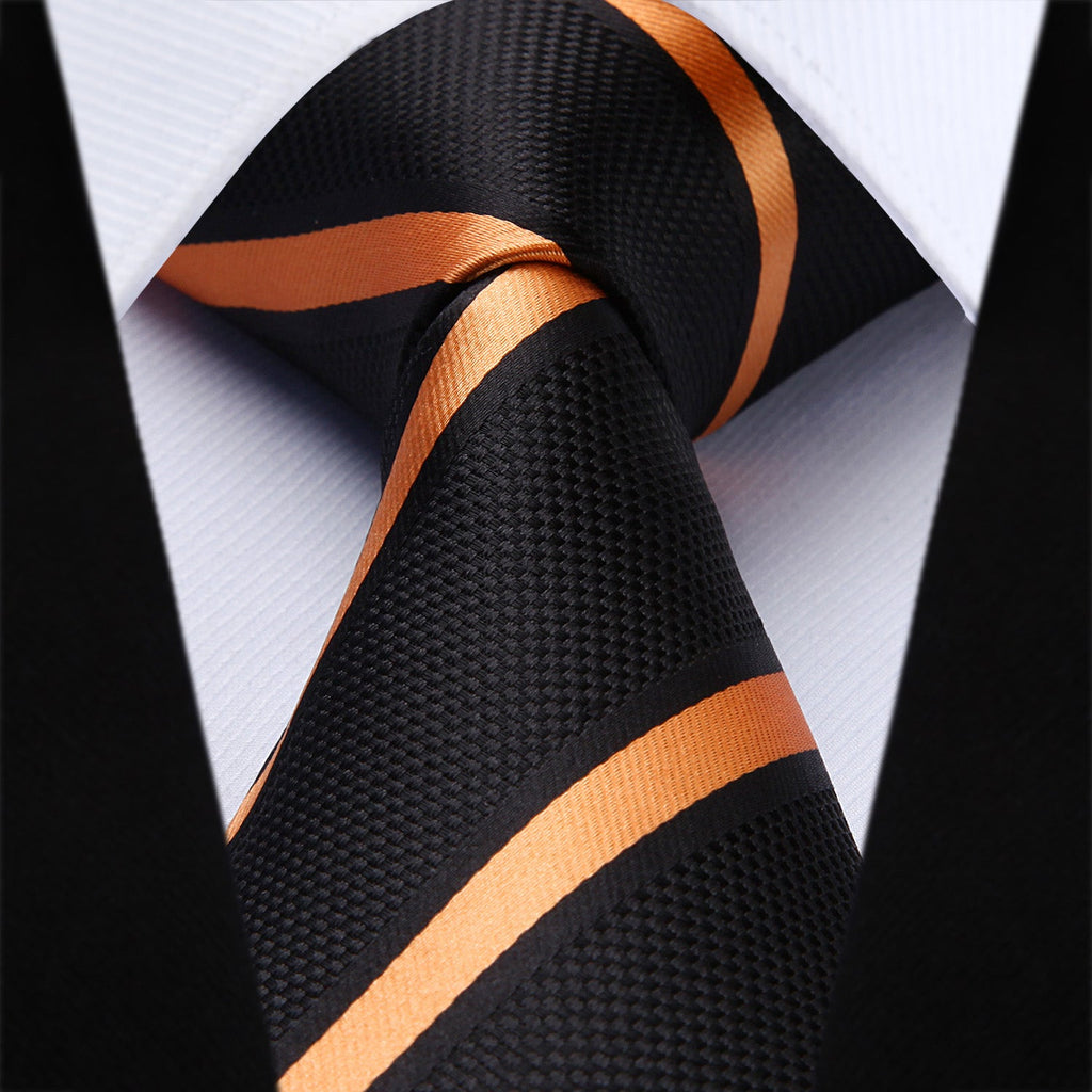 Hisdern Orange Black Striped Tie Set For Business Wear