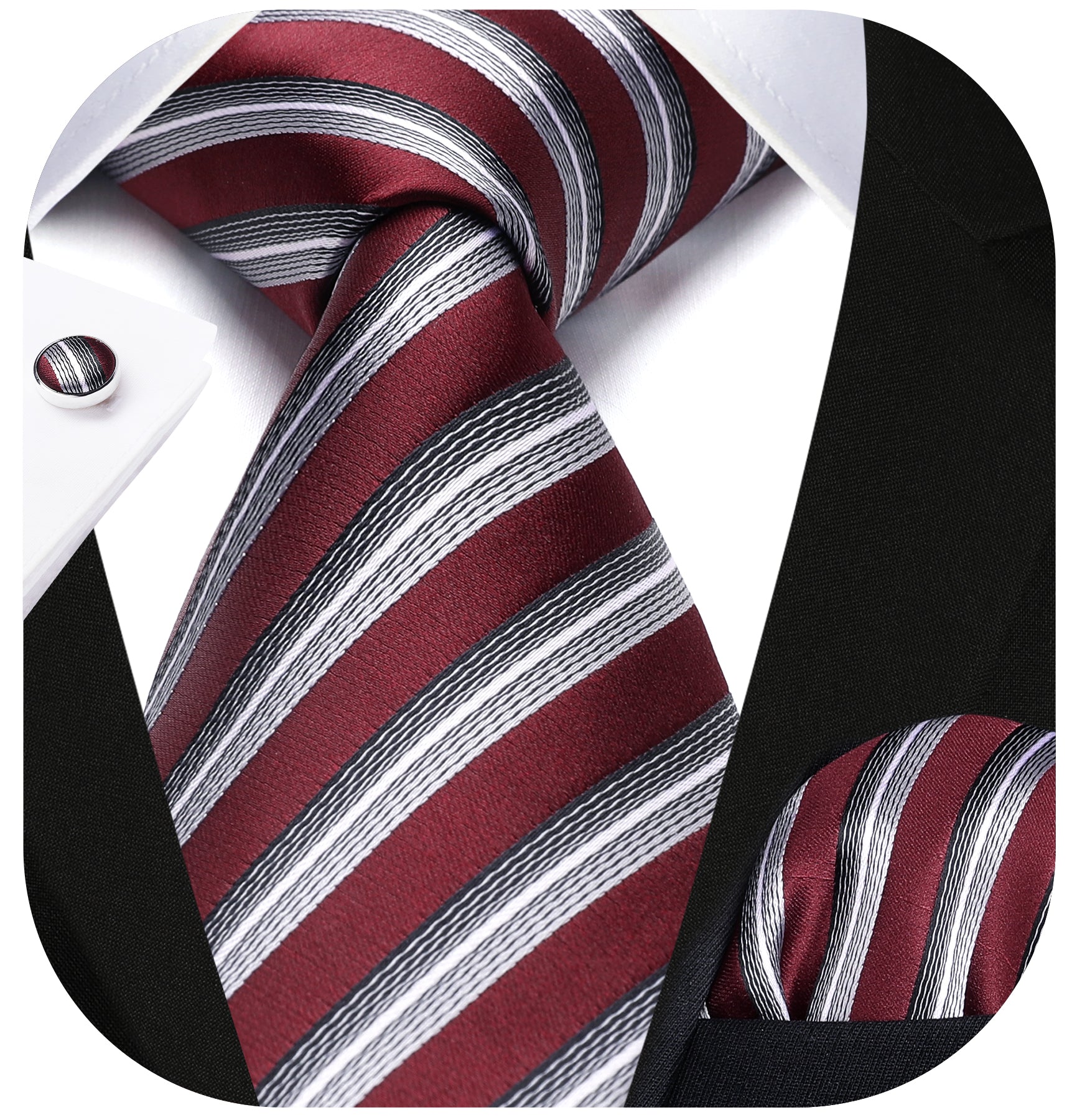 Hisdern Burgundy Striped Wedding Accessories Set with Cufflinks