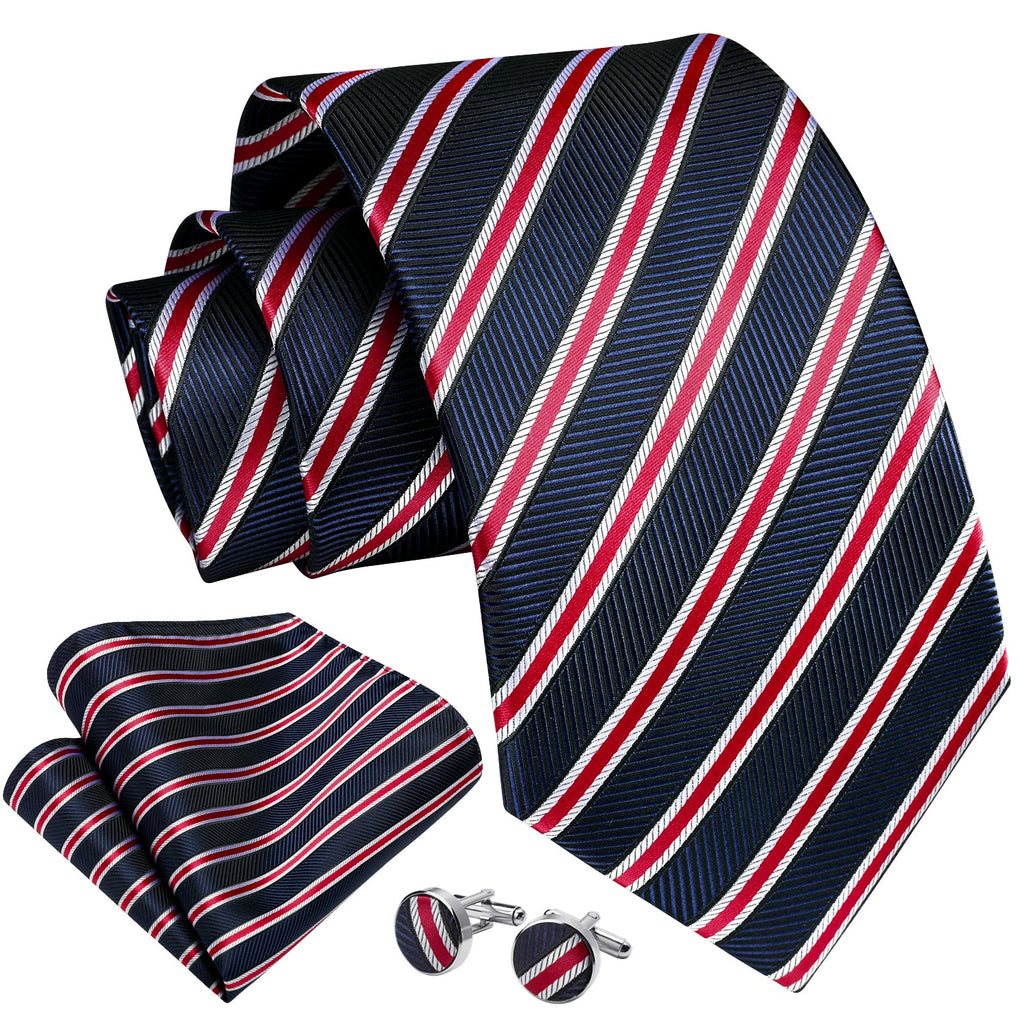Hisdern Navy Red Striped Business Accessories Set with Cufflinks