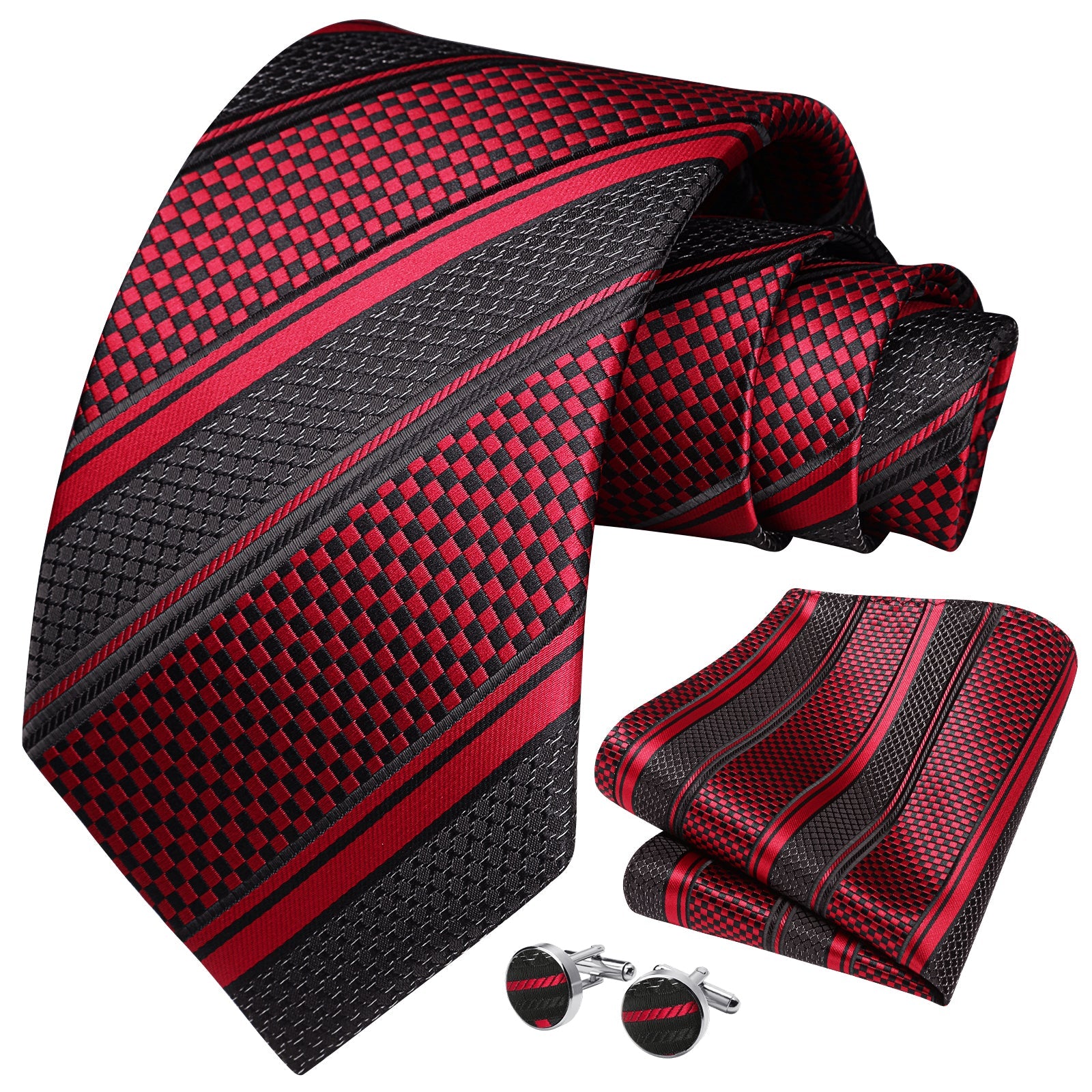 Stripe Tie Handkerchief Cufflinks - C1-RED