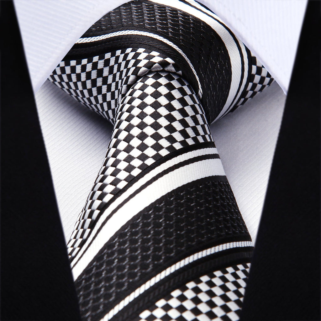Hisdern Black White Striped Business Tie Set