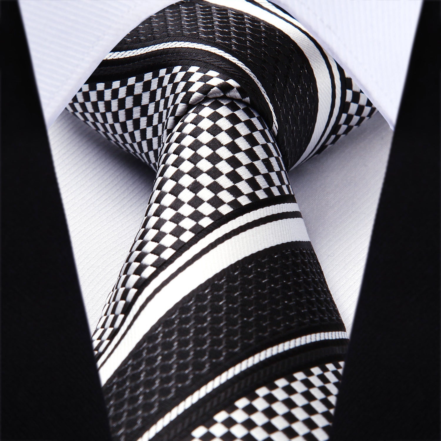 Hisdern Black White Striped Business Tie Set