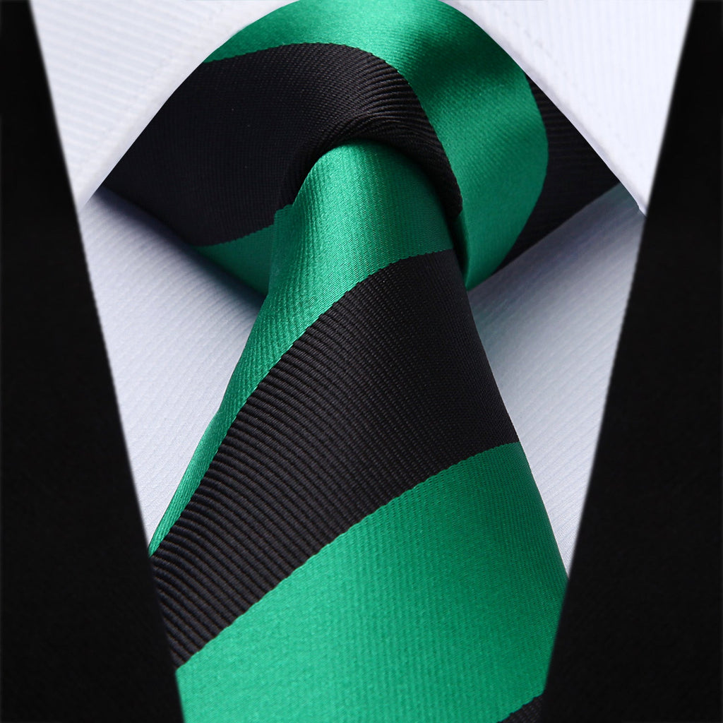 Hisdern Green Black Striped Business Tie Set